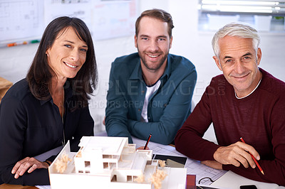 Buy stock photo Portrait, architects and teamwork with building model, design and development with colleagues. Smile, remodeling and construction in office for meeting, contractor or property developer for project