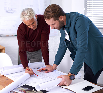 Buy stock photo Coworker, man and blueprint with teamwork at office with pencil for drawing a building design, layout and project as architects. Business, people and collaboration on task, plan and renovation