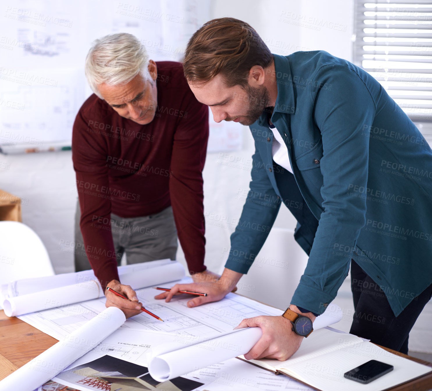 Buy stock photo Coworker, man and blueprint with teamwork at office with pencil for drawing a building design, layout and project as architects. Business, people and collaboration on task, plan and renovation