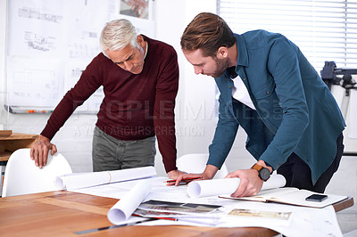 Buy stock photo Coworker, man and blueprint with drawing at office with pencil for a building design or renovation, teamwork and project as architects. Business, people and collaboration on task, plan and layout