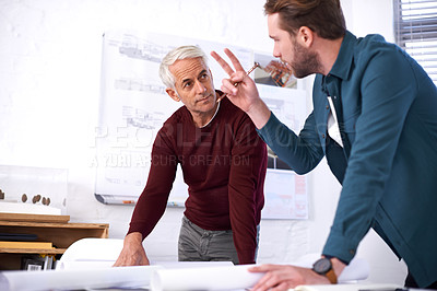 Buy stock photo Coworker, men and discuss blueprint with design at office with pencil for a building drawing or interior, teamwork and project as architects. Business, people and collaboration on task and plan