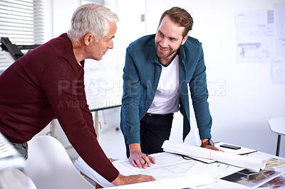 Buy stock photo Coworker, men and smile with blueprint at work for design with pencil for drawing a building renovation, teamwork and project as architects. Business, people and collaboration on task, idea and happy