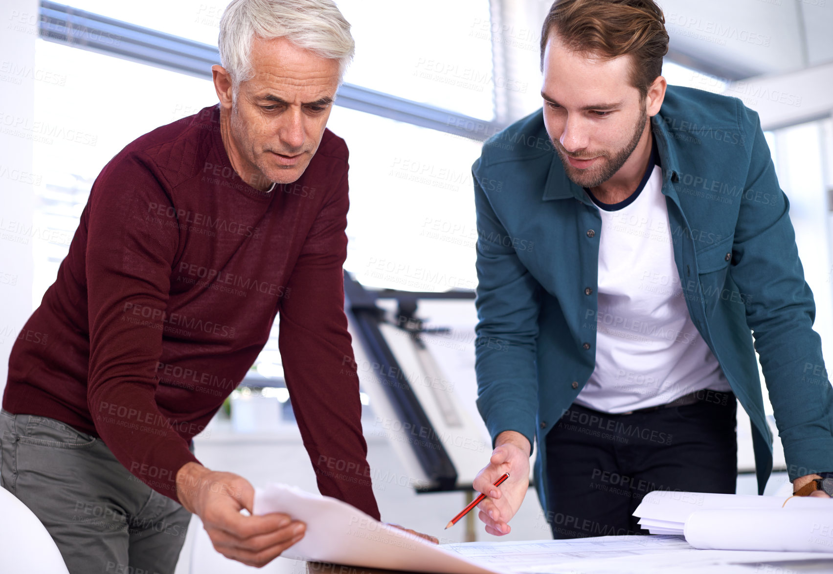 Buy stock photo Architecture, collaboration and drafting with business people meeting in boardroom of office for construction. Blueprint, building and creative with man architect team in workplace for planning