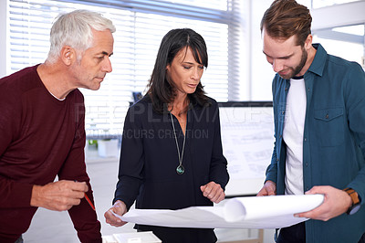 Buy stock photo Architects, blueprint and teamwork for design meeting, building and development with colleagues. Planning, remodeling and construction in company office, contractor or property developer for project