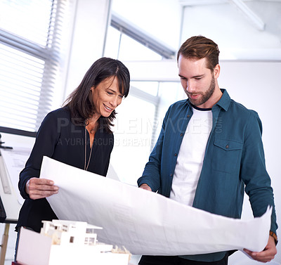 Buy stock photo Architecture, blueprint and collaboration with business people meeting in boardroom of office for construction. Building, creative or layout with man and woman architect team planning in workplace