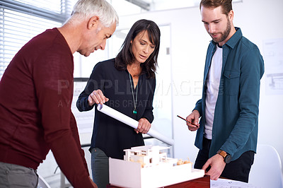 Buy stock photo Architects, blueprint and teamwork for design meeting, building and development with colleagues. Planning, remodelling and construction in company office, contractor or property developer for project