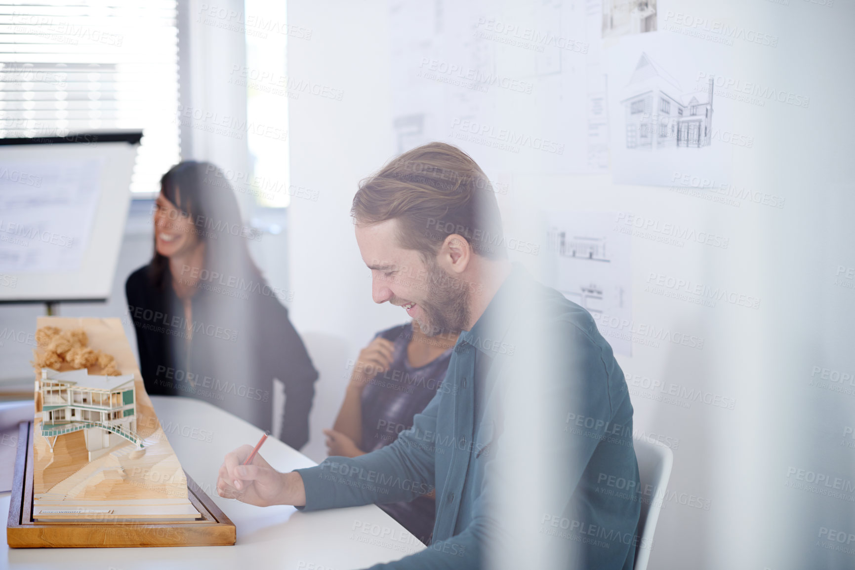 Buy stock photo Architecture, collaboration and model with business people meeting in boardroom of office for construction. Building, creative or design with man and woman architect team in workplace for planning