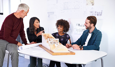 Buy stock photo Team, architect and meeting with model for construction, building and development. Employees, engineer and collaboration with diversity working on idea, 3d or design of structure, house or project