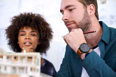 Buy stock photo Architecture, building design and business people in meeting for planning, brainstorming and project. Teamwork, collaboration or coworkers with engineering model, ideas or creativity with cooperation