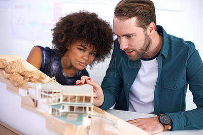 Buy stock photo Architect, building design and business people with model, engineering and creativity with cooperation. Teamwork, ideas and coworkers with brainstorming and conversation with partnership and support
