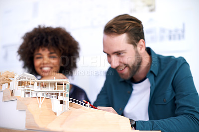 Buy stock photo Engineering, building design or business people in meeting for planning, brainstorming or problem solving. Teamwork, collaboration or coworkers with architecture model for project development or help