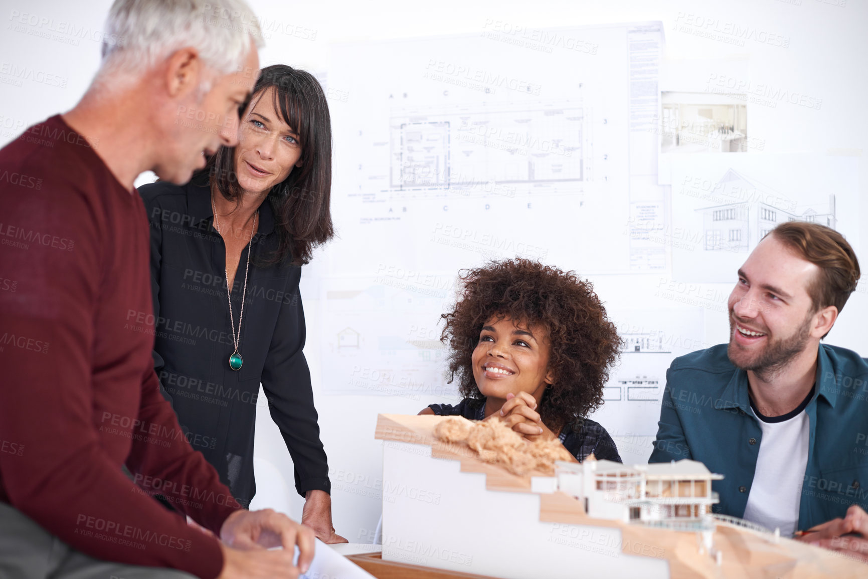 Buy stock photo Employees, meeting and model for industrial architecture, presentation and project layout for construction. Property developers or engineers with 3d graphic or design and remodeling from blueprint.