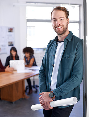 Buy stock photo Portrait, meeting and blueprint with architect man in office boardroom with documents for building, design or planning. Architecture, construction and confident young developer team in workplace