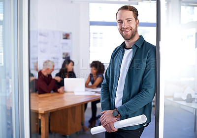 Buy stock photo Portrait, smile and blueprint with architect team in boardroom with documents for building, design or planning. Architecture, collaboration and construction with happy developer group in office