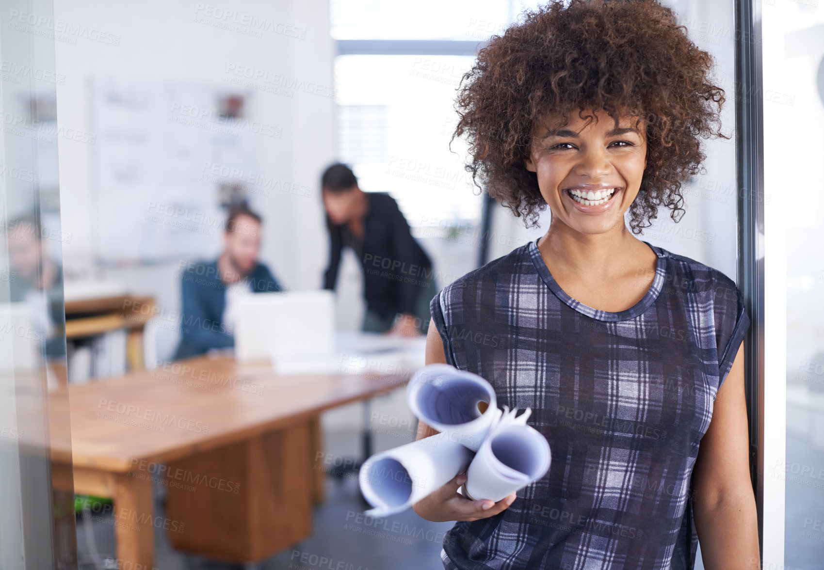 Buy stock photo Portrait, smile and blueprint with architecture or woman in boardroom with documents for building or planning. Designer, drawings and creative or collaboration with architect team for construction