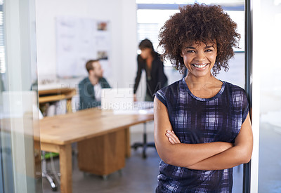 Buy stock photo Smile, happy and portrait of woman in office, workspace and employee for creative career with staff or coworking. Female person, worker and intern for magazine, artistic job or newspaper company