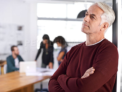 Buy stock photo Thinking, manager and male architect with team meeting, leader or ceo with colleagues. Boardroom, collaboration and design of building architecture for firm in office, planning and future goals