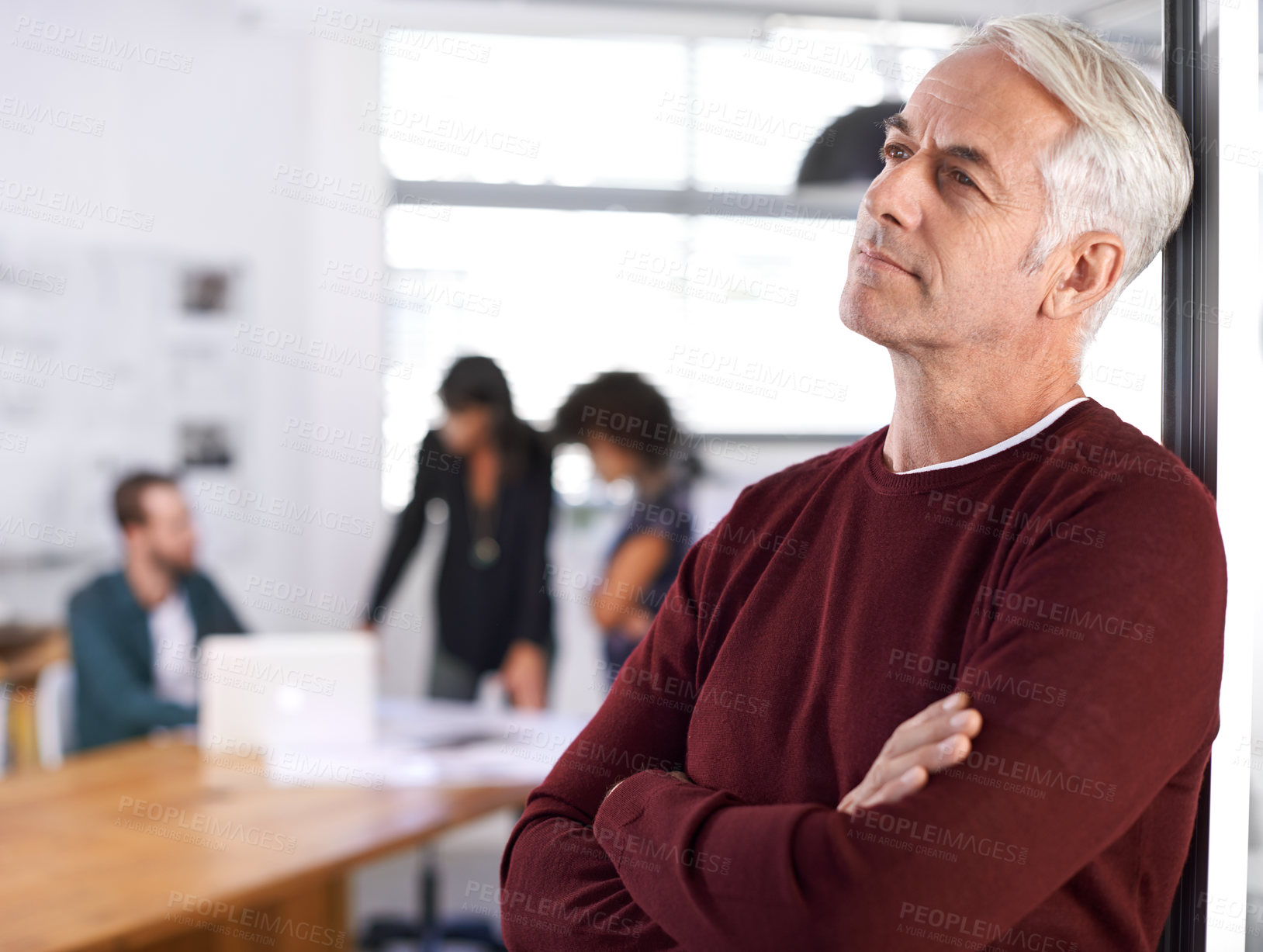 Buy stock photo Thinking, manager and male architect with team meeting, leader or ceo with colleagues. Boardroom, collaboration and design of building architecture for firm in office, planning and future goals