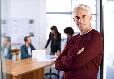 Buy stock photo Portrait, smile and businessman with team meeting, leader or ceo with colleagues. Happy, collaboration and design of building architecture for firm in office, designer and project management