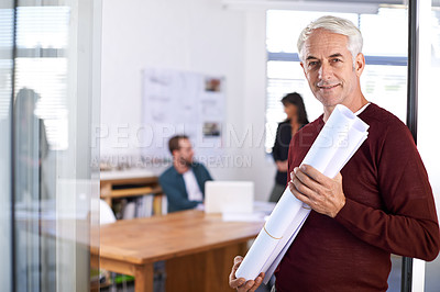 Buy stock photo Architect, manager and planning with blueprint, design and architecture for business. Property, development or project management for senior professional, contractor or construction or remodeling
