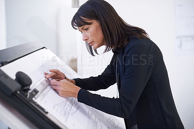 Buy stock photo Architect, drawing and planning blueprint on board with creative ideas for industrial project or development. Woman, sketch and thinking of floor plan, architecture or brainstorming process in office