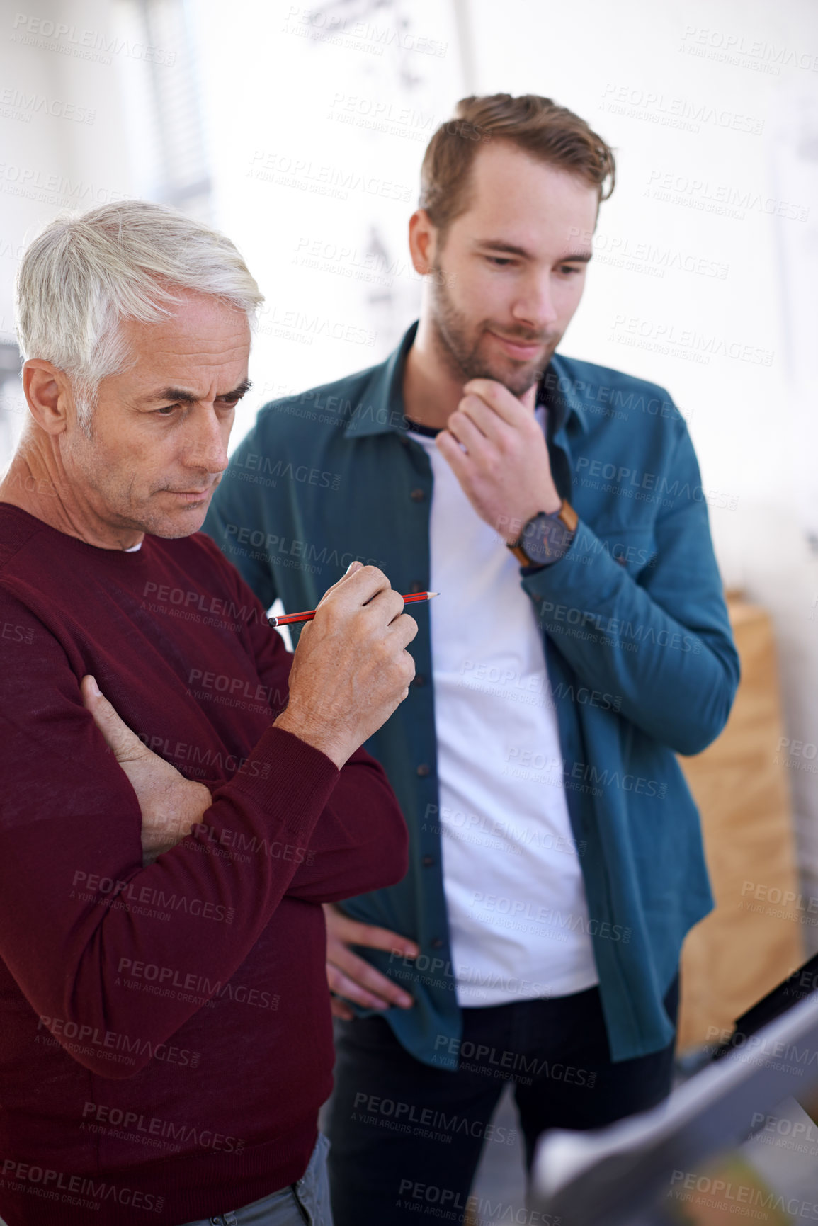 Buy stock photo Architecture, blueprint and thinking with business people meeting in boardroom of office for construction. Building, creative and problem solving with man architect team in workplace for planning