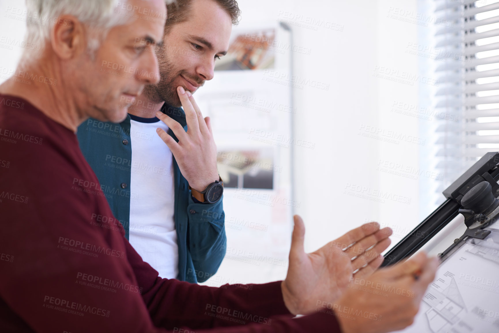 Buy stock photo Architecture, teamwork and thinking with business people meeting in boardroom of office for construction. Blueprint, building and problem solving with man architect team drafting in workplace