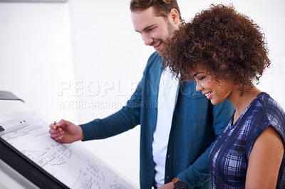 Buy stock photo Architecture, collaboration and diversity with business people meeting in boardroom of office for construction. Building, creative or draft with man and woman architect team in workplace for planning