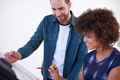 Buy stock photo Architecture, collaboration and design with creative people meeting in boardroom of office for construction. Building, business or industry with man and woman architect team in workplace for planning