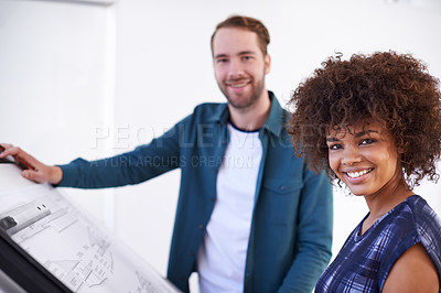 Buy stock photo Architecture, collaboration and portrait of business people meeting in boardroom of office for construction. Building, creative man and woman architect team drafting blueprint in workplace together