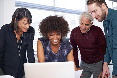 Buy stock photo Web designers, laptop and discussion with office, diversity and meeting or creative partnership. Employees, plans and collaboration for blueprint, brainstorming and problem solving for startup agency