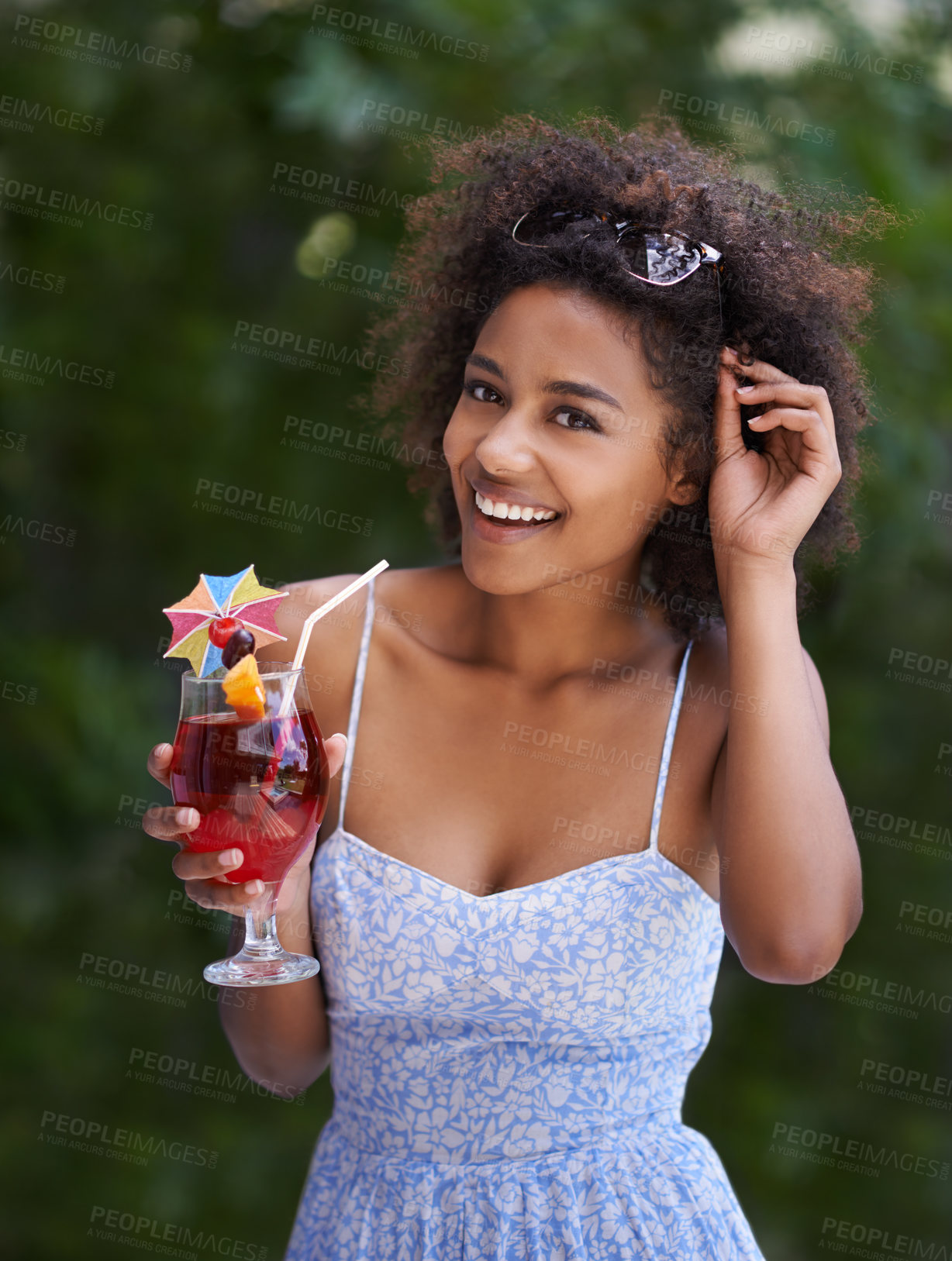 Buy stock photo African, woman and cocktail portrait on holiday, happy smile for vacation or resort. Summer, drink and sunglasses for stress relief trip outdoor with natural female person, relax and tropical liquid