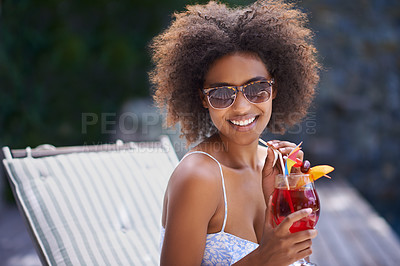 Buy stock photo African, woman and sunglasses with cocktail and summer vacation, relax or happy for wellness and resort. Holiday, tropical retreat or natural black female person, fruit liquid for drinking or break