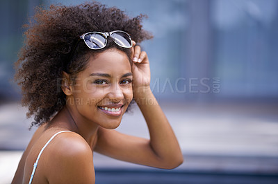 Buy stock photo Black woman, portrait and sunglasses by swimming pool for summer, holiday and vacation. Happy face of a young person or USA model with shades and outdoor for luxury, style and accessory in confidence