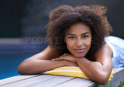 Buy stock photo Deck, portrait and black woman relax at poolside for travel,  break or chilling in a backyard on vacation. Face, smile and African female person at a wellness resort for resting on Thailand holiday