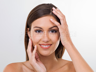 Buy stock photo Happy woman, studio and portrait for skincare, beauty and cosmetics on white background. Female person, wellness and dermatology by facial treatment, smile and touch for smooth skin or satisfaction