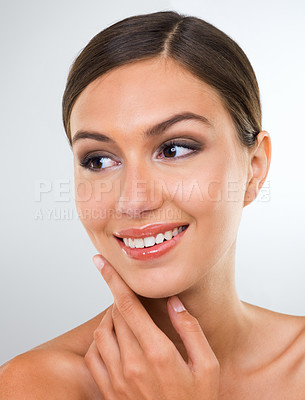 Buy stock photo Skincare, woman and smile in studio shirtless, beauty and makeup on white background. Female person or model, healthy and wellness skin with cosmetics as daily treatment for confidence and pride