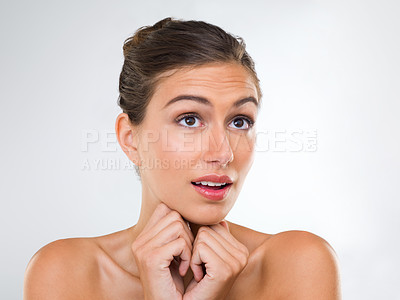 Buy stock photo Woman, thinking and nervous about dermatology, beauty  and cosmetics in a studio on white background. Inspiration for skincare, solution to dry skin and glow with waiting for results from treatment