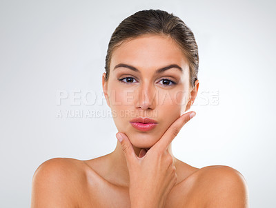 Buy stock photo Woman, portrait and confidence in skincare with beauty, cosmetics and dermatology for glow on white background. Face, skincare treatment and wellness for antiaging, shine and natural in studio
