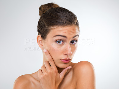 Buy stock photo Woman, portrait and beauty with makeup for skincare in dermatology on a white studio background. Face of attractive female person, brunette or model with cosmetics for facial treatment, glow or shine