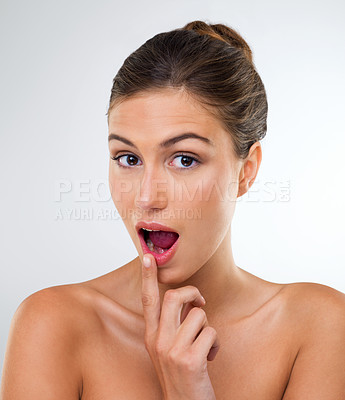 Buy stock photo Woman, portrait and lipstick with surprise for beauty skincare on a white studio background. Face of attractive female person, brunette or model with cosmetics for facial treatment, glow or shine