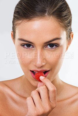 Buy stock photo Woman, portrait and raspberry for wellness in studio for health detox, healthy eating and nutrition diet. Model, person and fruit for organic cosmetics, natural beauty or skincare on white background