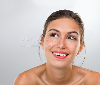 Buy stock photo Woman, thinking and skincare with smile for beauty, dermatology and antiaging treatment shine isolated on white background. Reflection, cosmetic care and healthy skin glow with makeup in studio