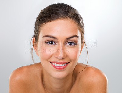 Buy stock photo Woman, face and skincare with smile for beauty, dermatology and antiaging treatment on white background. Happy in portrait, cosmetic care and healthy skin glow with headshot and makeup in studio