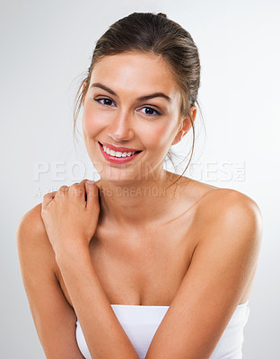 Buy stock photo Woman, portrait and skincare with dermatology for beauty, smile with shine and antiaging on isolated white background. Happy with cosmetic care, treatment for healthy skin glow and makeup in studio