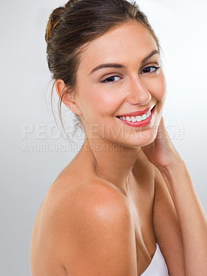 Buy stock photo Woman, face and skincare with dermatology for beauty, smile with shine and antiaging on white background. Happy in portrait, cosmetic care and healthy skin glow with headshot and makeup in studio
