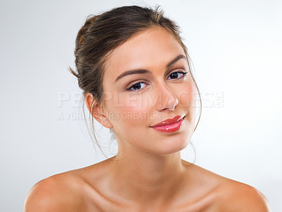 Buy stock photo Woman, portrait and shine with dermatology for beauty, smile for skincare and antiaging treatment on isolated white background. Cosmetics, lip gloss and healthy skin glow with makeup in studio
