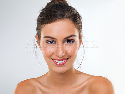 Buy stock photo Woman, portrait and makeup cosmetics in studio for beauty confidence on white background for skincare, treatment or mockup space. Female person, model and face with healthy, wellness or happiness