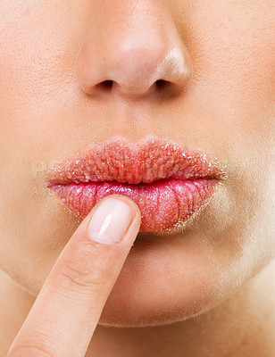 Buy stock photo Closeup shot of a woman touching her lips