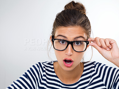 Buy stock photo Confused, woman and portrait with surprise in studio, white background and mockup with questions. Doubt, why and student with glasses and emoji of anxiety for feedback or information with stress